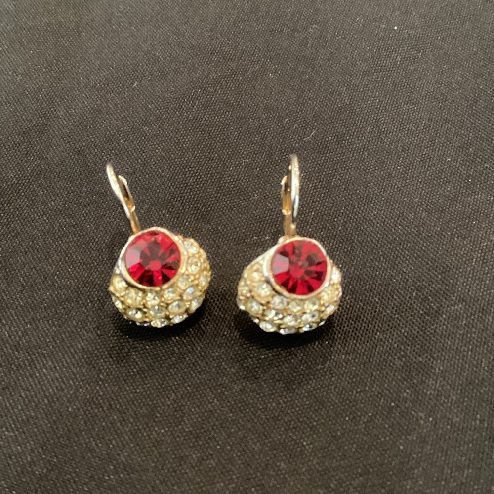 Ruby & Diamond Droplet Silver Tone French Back Earrings
